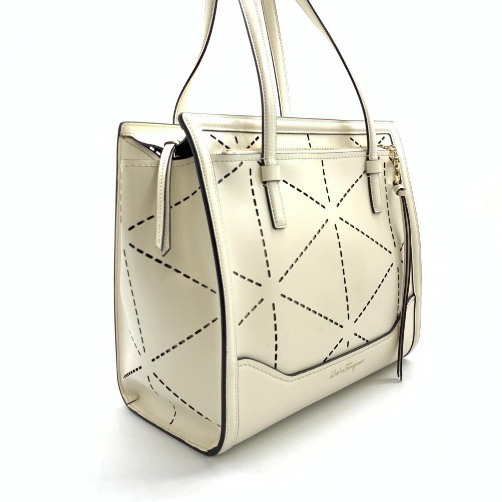 Salvatore Ferragamo Bag Calf White Leather Punching Ivory Tote